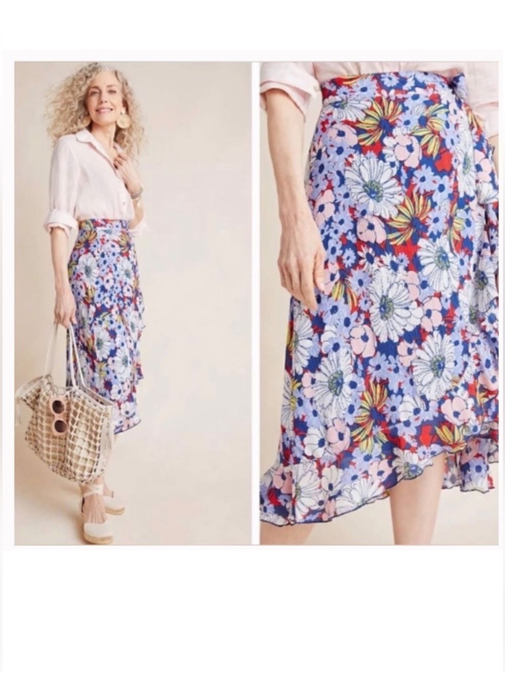 Maeve Anthropologie Sybil Wrap Skirt Blue Floral Print Sz-Small